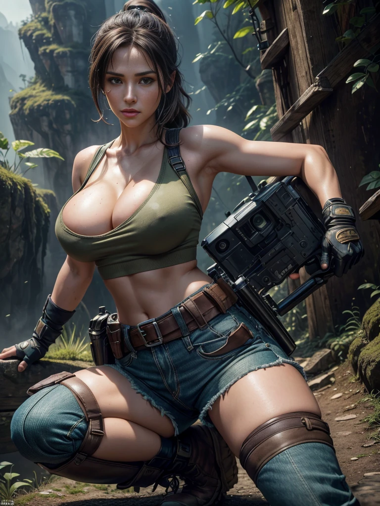 Beautiful young woman,Laura Croft,long brown hair in a ponytail,beautiful detailed eyes,beautiful detailed lips,extremely detailed eyes and face,longeyelashes,big bouncing breasts,blue t-shirt and green jean shorts,white sox,black gloves,hiking boots,thigh gun holsters,(best quality,4k,8k,highres,masterpiece:1.2),ultra-detailed,(realistic,photorealistic,photo-realistic:1.37),HDR,UHD,studio lighting,ultra-fine painting,sharp focus,physically-based rendering,extreme detail description,professional,vivid Tomb Raider, Syfy, artists,beautiful young woman (Laura Croft),long brown hair in a ponytail (beautiful and detailed),big bouncing breasts, ((( exposed breasts 1.6))) ,blue t-shirt and green jean shorts,white sox,black gloves,hiking boots,thigh gun holsters,sharp focus,ultra-detailed,portraits,physically-based rendering,vivid colors. Full body
