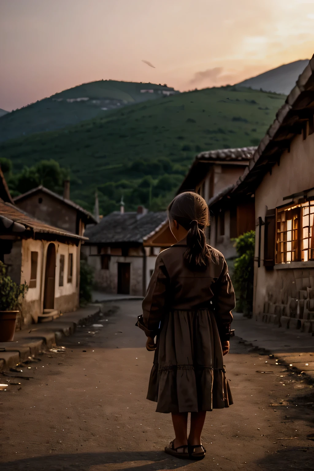 an european village that is set on a huge fire, dusk, a little village girl looking at the village, her clothes are poor and torn, cinematic