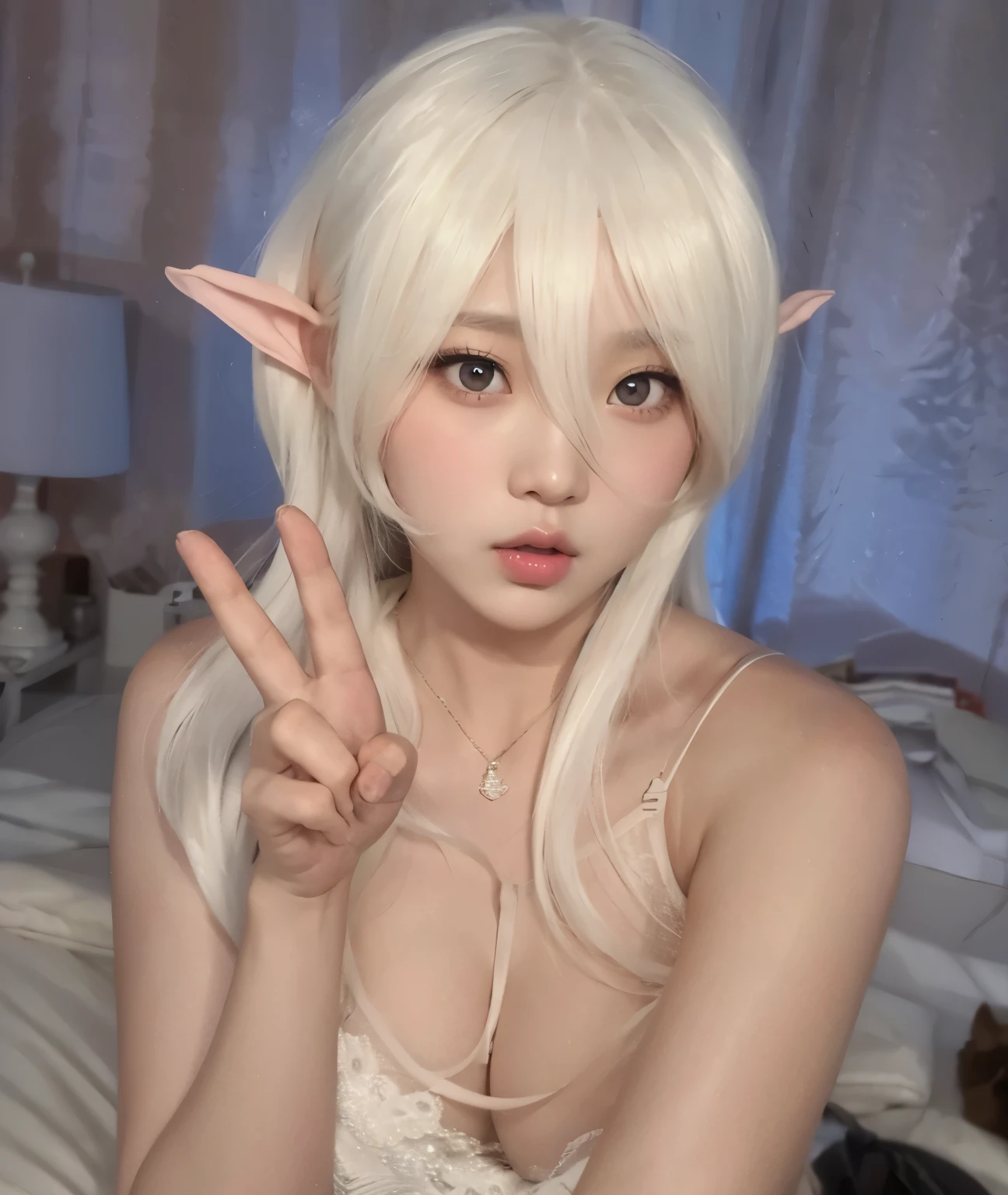 woodland elf in the forest :1.2、elf  , naked :1.5、no panties :1.2 , large labia :1.2 lolita:1.2、 :1.2) powerful wide stance , legs apart, 、(a lot of skin:1.11)、Girl 18 years old、japanease a Prettysmile on face,Tear bag, slender body,Beautiful slim abs, skinny waist,(rather large breasts, erectile nipple ,areolas , topless , braless ,holding her breasts no bra , )))long haired、 white hair、White fishnet stockings、stockings、Good Hand、piercings, Good fingers、good legs、4K、high resolution、 masterpiece、Top Quality、headw:1.3、(Hasselblad Photography))、Fine skin、focus)、Soft lighting、Dynamic Angles[:(Details of face:1.2):0.2]、Bedrooms,Masterpiece in detail,Beautiful detailed, fine detailed ,beautifull face