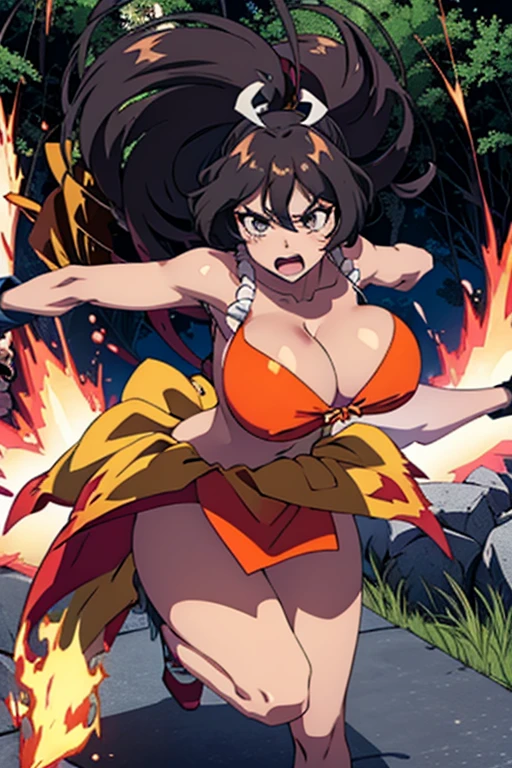 masterpiece, high resolution, best quality, beautiful art, 1 woman, solo, Mii, big breasted, cleavage, mature woman, wearing a Mai Shiranui outfit, sexy body, alluring outfit, full body, pelvic curtain, ryona, in peril, she is being beaten up, in trouble, slammed against the wall, looking at the viewer with fear, screaming in agony, shocked, begging for mercy, exposed panties, bouncing breasts, jungle environment,