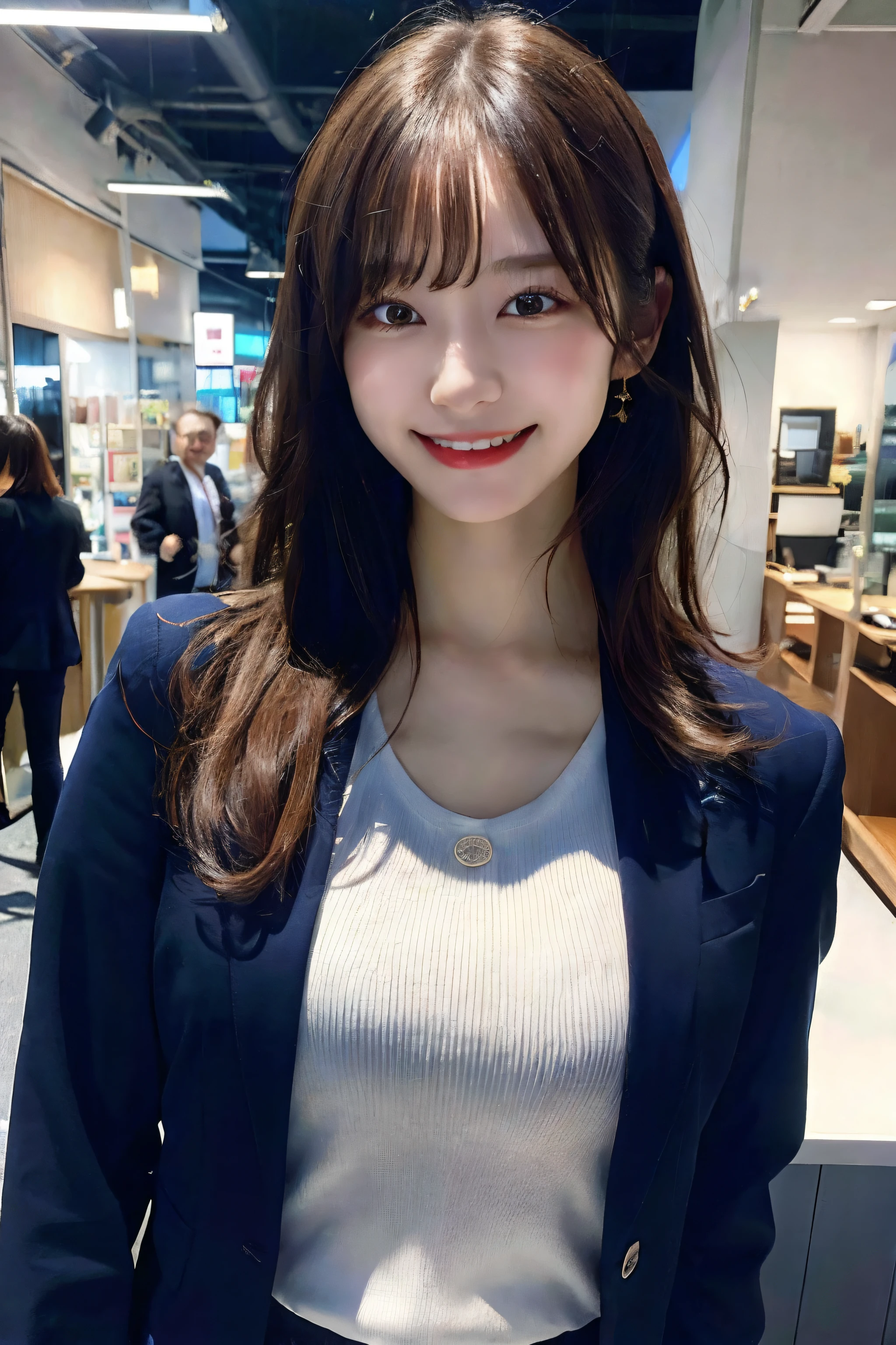 (8k, RAW photo, ultra high res, best quality, masterpiece:1.2), (realistic illustration), (extremely detailed CG unity 8k wallpaper), absurdres,
1 girl,21 yo, beautiful face,medium breasts,black medium hair,smile,tilting head,grin,upper body,slim fit pants,gray tailored jacket,office,upper body、乃木坂アイドル、女優、韓国アイドル