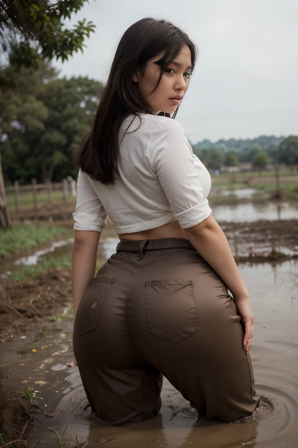 A fat young myanmar lady big ass long brown pant wear the  field is black muddy puddles back side