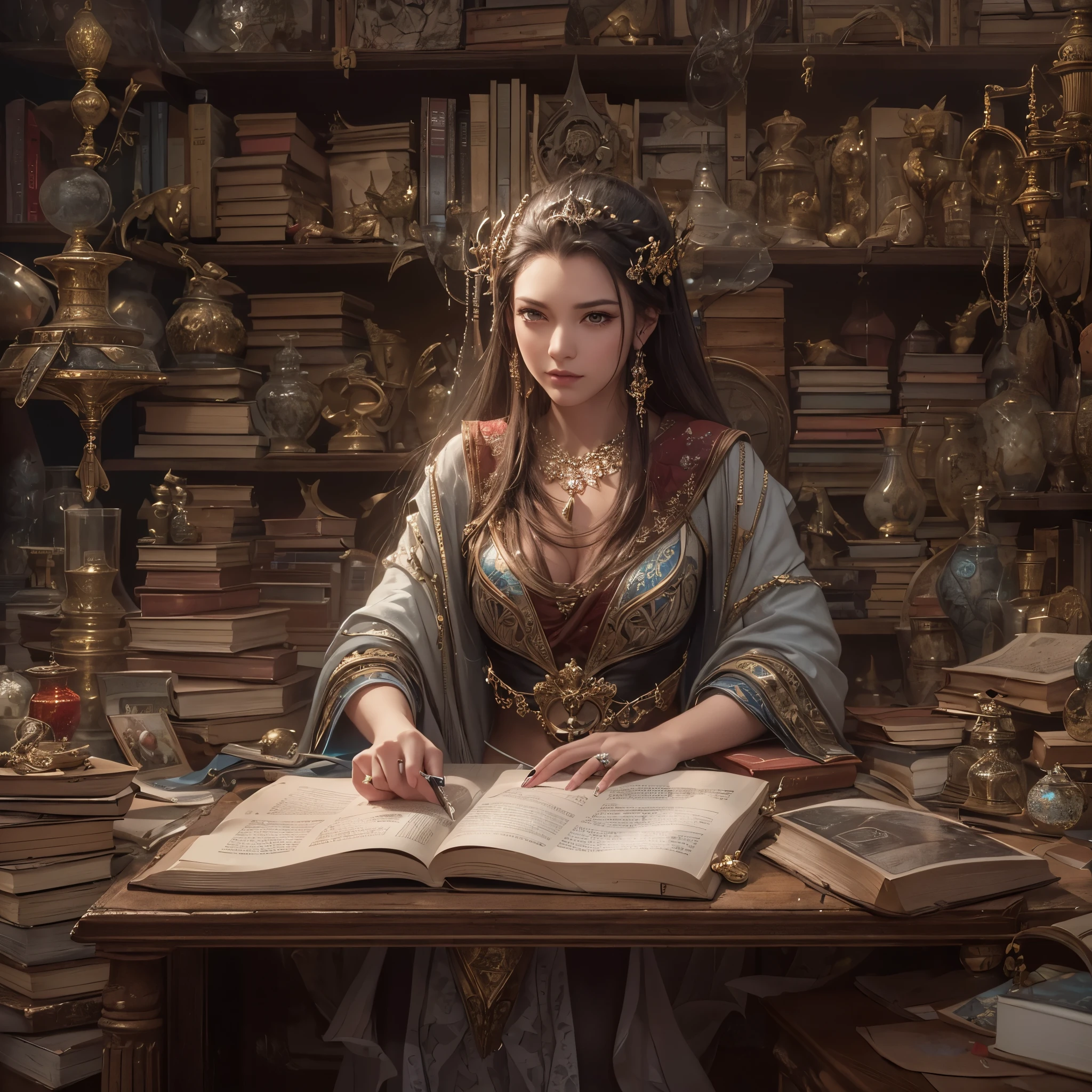((highest quality)),(ultra high resolution),(Super detailed),(detailed description),((best CG)),(best work of art),super precision art,great drawing art,(Fantasy art with precise details:1.5), (1 woman:1.6),alchemist:1.6,beautiful and well-shaped face:1.6,Intricately detailed robe:1.7,displeased look:1.6,shiny skin:1.6,messy hair:1.6, Books stacked messy on the desk:1.5,A shelf containing experimental tools:1.6