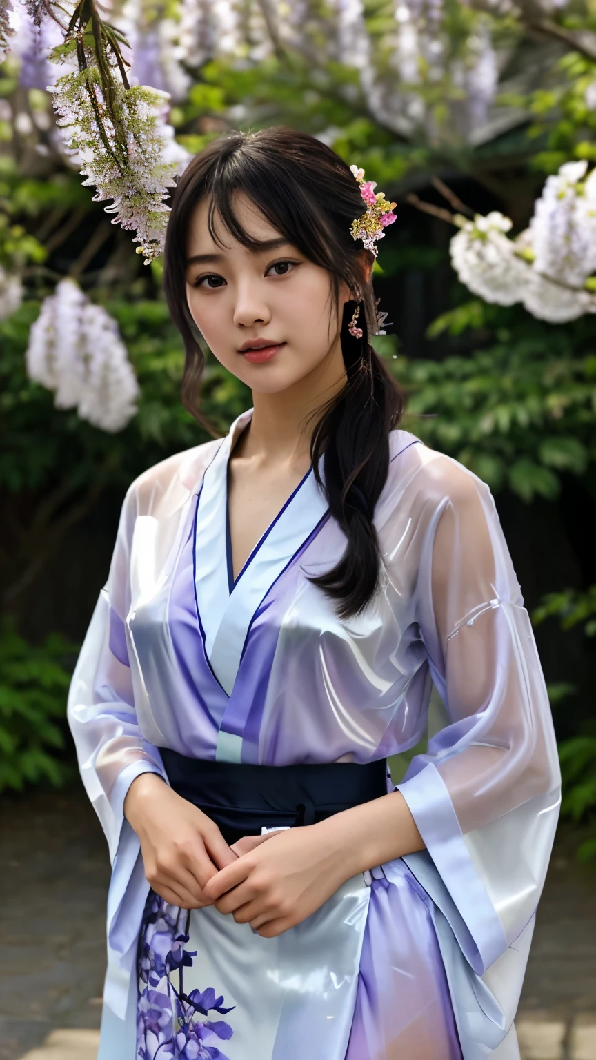 最high quality、high quality、best image quality、8K、最High resolution、High resolution、最high quality、masterpiece、realistic pictures、RAW photo、realistic atmosphere、(detailed face)、(fine hands、thumb１reference４)、(beauty of japan )、very nice face、cute face、((beautiful japanese girl))、(woman), ((18 year old beautiful girl))、(glossy black hair)、(straight long hair)、(ponytail)、whole body、slim style、(shiny skin)、(Fair skin, Glossy skin)、real human skin、realistic human body structure、perfect body， perfect face， perfect hands， perfect fingers， perfect lips， perfect eyes，perfect teeth、perfect background， perfect atmosphere，look at the camera、 soft natural light、samurai kimono、maiko kimono、servant、geisha kimono、japanese kimono、Furisode、kimono、Yukata、japanese traditional、Samurai Residence、Japanese garden、((colorful transparent see-through(flowery kimono、Hakama with side slits))、((Under the tree where wisteria flowers are in full bloom(Poses that make your thighs look sexy))