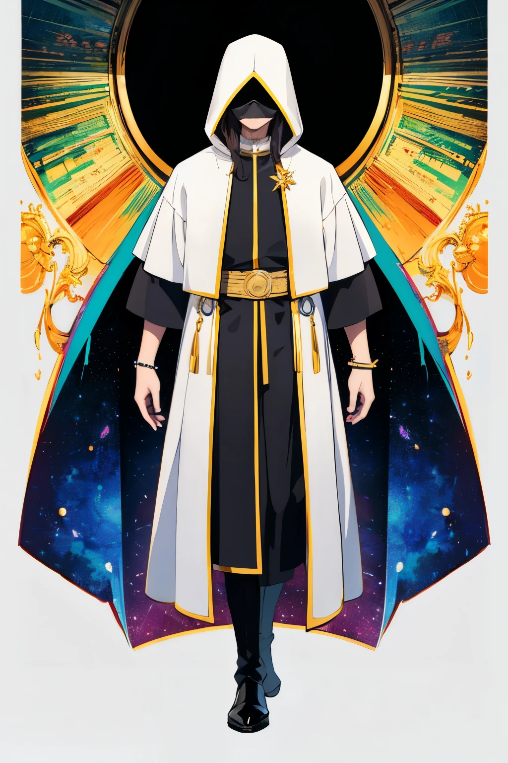 (フラットColor:1.3),(colorful:1.3),(masterpiece:1.2), highest quality, original, highly detailed wallpaper, looking at the viewer, One young man、male、put a black hood over your eyes、The face is hidden、Less exposure、whole body、Are standing、wearing white leather boots、Priest wearing gorgeous ceremonial clothes、Color、anime style、rim lighting, Backlight, bracelet, chromatic aberration, rtx, Post-processing