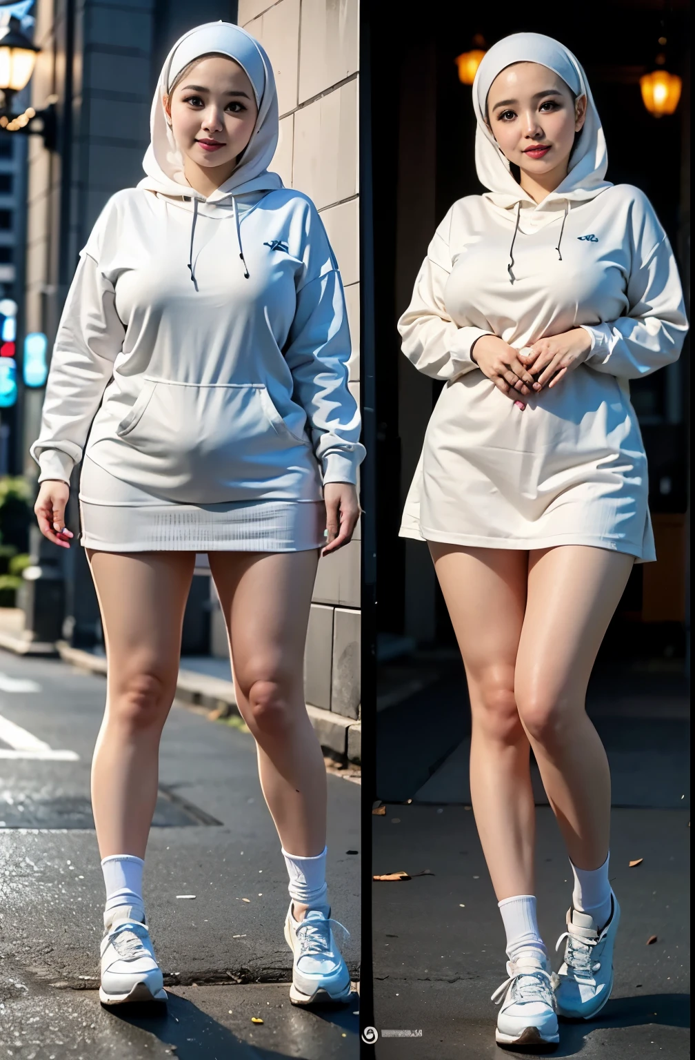 ((best quality)), ((masterpiece)), (detailed), perfect face, wanita dewasa, memakai sebuah hijab dan sneakers, chubby, full body shoot, huge breasts, large breast , wearing a hoodie and mini skirt, big thighs, milky white skin, asian girl, thicc, MILF, bbc, perfect belly, cute cheeks