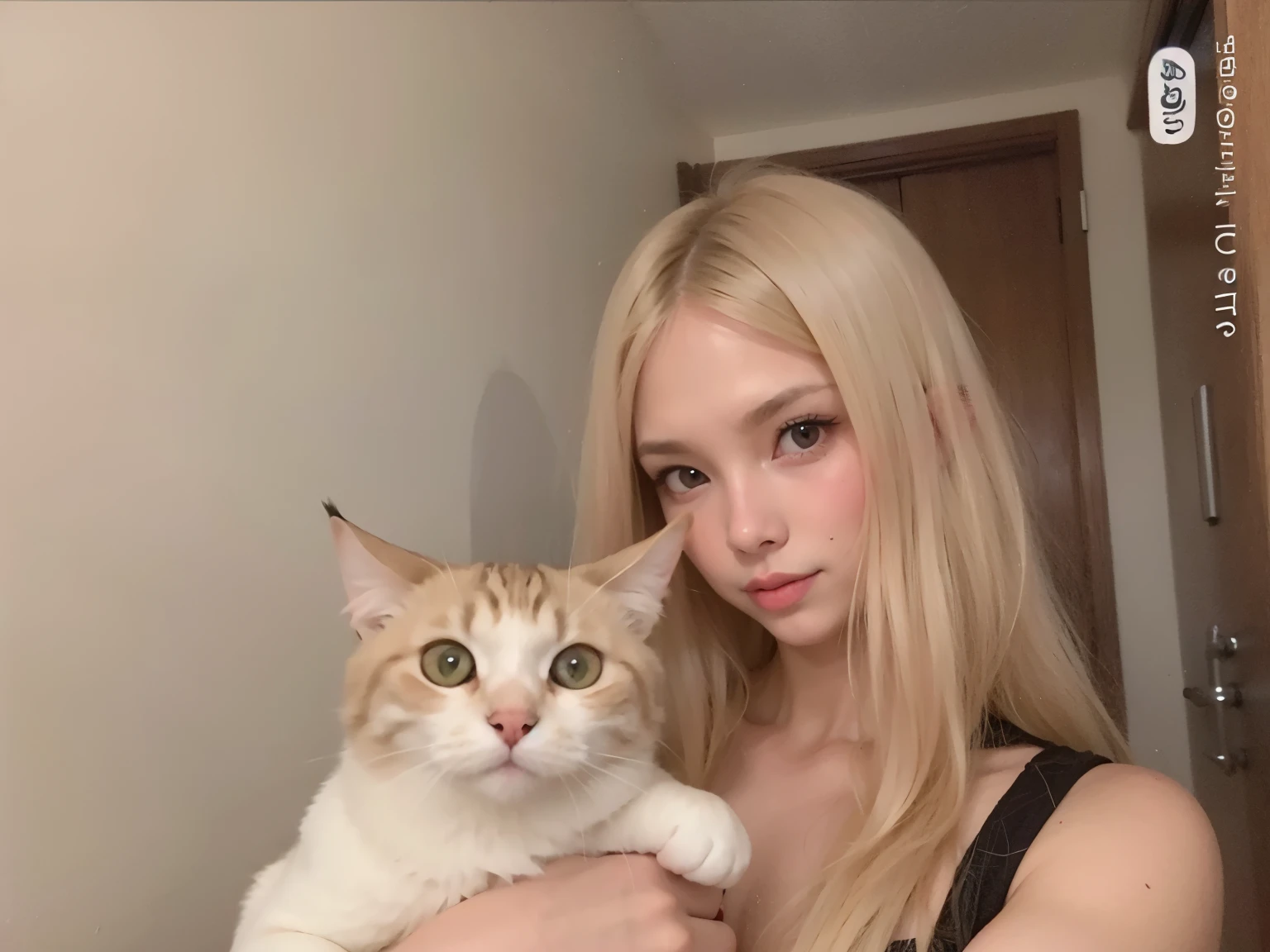 blond Mulher holding a gato in her arms in a bathroom, attractive gato Garota, very beautiful cute gatoGarota, branco ( gato ) Garota, there is a gato next to her, Ulzzang, branco gato Garota, jossi do blackpink, with branco long hair, Mulher / gato hybrid, cabelo loiro muito claro, beautiful young gatoGarota, gatoGarota