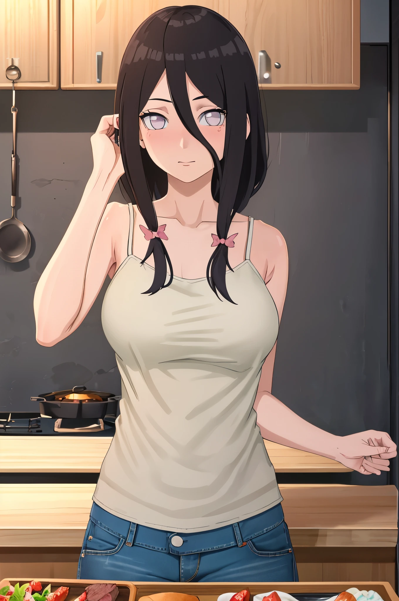 masterpiece, highest quality, 8K, ultra high resolution, highest quality, anime style, best writing, beautiful face, bikin, Hoang Lap (intricate details), (rich and colorful), Highly detailed CG Unity 8K wallpaper, Hinata flower ratio, 1 girl, alone, looking at the viewer, close your mouth, Wind, long, low hair, in the kitchen, blush your nose, face is red, (white camisole:1.2), (blue short denim pants:1.2), (extreme close up), (cooking:1.3), 肉じゃがをbikin, make your breasts bigger