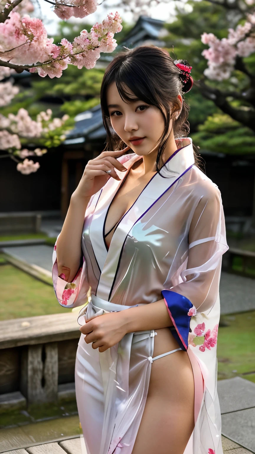 最high quality、high quality、best image quality、8K、最High resolution、High resolution、最high quality、masterpiece、realistic pictures、RAW photo、realistic atmosphere、(detailed face)、(fine hands、thumb１reference４)、(beauty of japan )、very nice face、cute face、((beautiful japanese girl))、(woman), ((18 year old beautiful girl))、(glossy black hair)、(straight long hair)、(ponytail)、whole body、slim style、(shiny skin)、(Fair skin, Glossy skin)、real human skin、realistic human body structure、perfect body， perfect face， perfect hands， perfect fingers， perfect lips， perfect eyes，perfect teeth、perfect background， perfect atmosphere，look at the camera、 soft natural light、samurai kimono、maiko kimono、servant、geisha kimono、japanese kimono、Furisode、kimono、Yukata、japanese traditional、Samurai Residence、Japanese garden、((colorful transparent see-through(flowery kimono、Hakama with side slits))、((Under the tree where cherry blossoms are in full bloom(Poses that make your thighs look sexy))