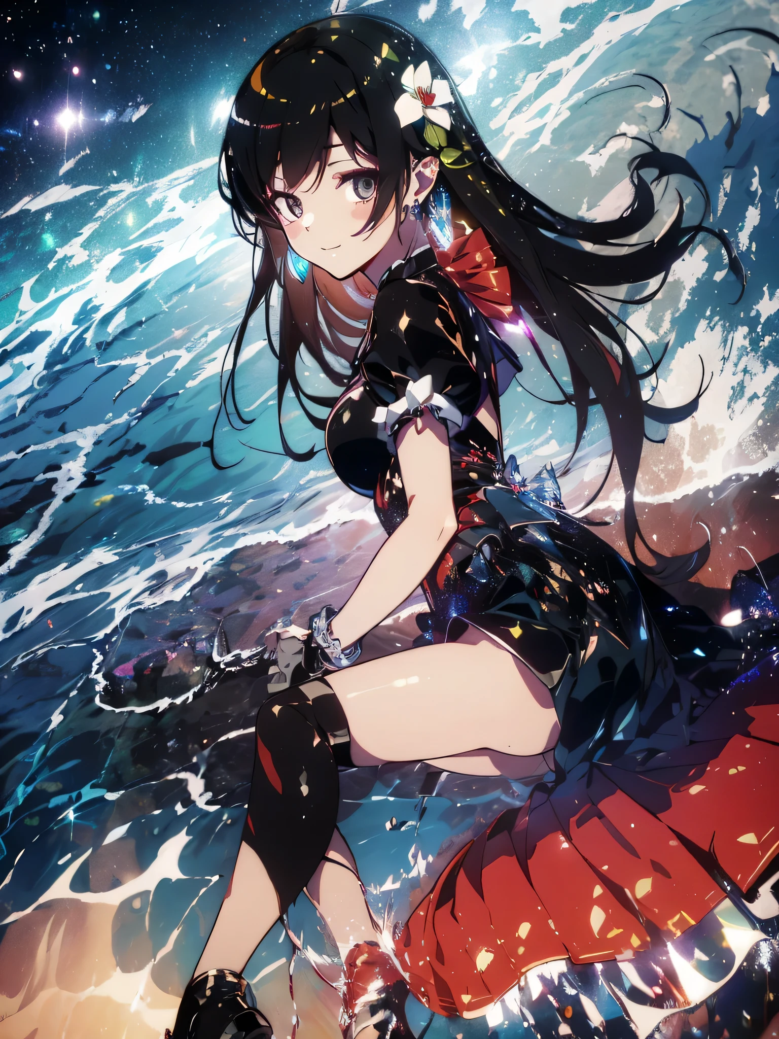 最high quality,table top,1 girl, Black eyes that shine like jewels,black hair、ponytail,, magical ***********, Princess, adventurous girl, got it, smile、nymphomaniac, high heel boots, gloves, zettai ryouiki, earrings, natural otaku, moonlight,under the moon,At night,full body shot、masterpiece, high quality, High resolution, alone、(masterpiece:1.6、最high quality), (got it and beautiful eyes:1.2), 1 girl, Ocean、tropical beach、((black long dress))、perfect hands、blush、crossed legs,look up(masterpiece:1.6、最high quality), (got it and beautiful eyes:1.2), 1 girl, Report、perfect hands,((Peeking out from directly below))、(((shoot from below)))、turn your arms behind your back、be quiet, From above,lie,Ocean View、世界一の絶景なるOcean辺,;do not interrupt prompt。半分Oceanに入っている、Oceanに浮かんでいる,echidna