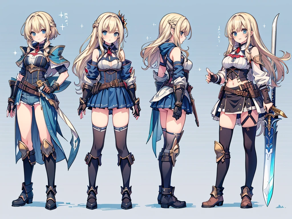 1girl, long hair, breasts, blue eyes, skirt, blonde hair, thighhighs, gloves, cleavage, weapon, ass, braid, boots, sword, fingerless gloves, armor