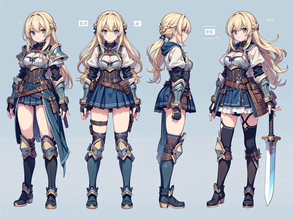 1girl, long hair, breasts, blue eyes, skirt, blonde hair, thighhighs, gloves, cleavage, weapon, ass, braid, boots, sword, fingerless gloves, armor