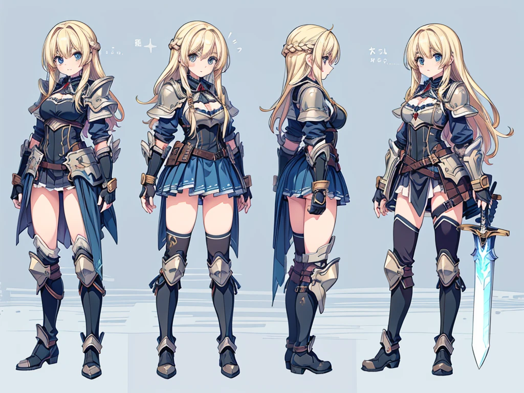 1girl, long hair, breasts, blue eyes, skirt, blonde hair, thighhighs, gloves, cleavage, weapon, ass, braid, boots, sword, fingerless gloves, armor