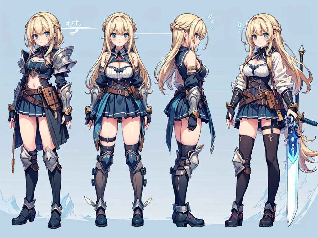 1girl, long hair, breasts, blue eyes, skirt, blonde hair, thighhighs, gloves, cleavage, weapon, ass, braid, boots, sword, fingerless gloves, armor