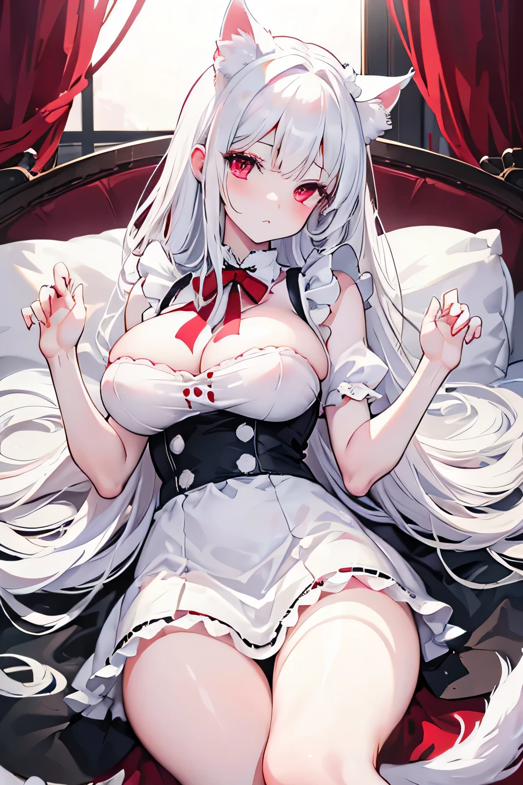 big breasts，Wearing maid outfit，Lying in bed，Look at me tenderly，blood red eyes，wear white，beautiful hair、 beautiful eyes、 beautiful skin、beautiful legs、beautiful arms、perfect fingers、 very cute，white hair, long hair，white cat ears, white cat tail,best quality，high resolution，top quality、 8k