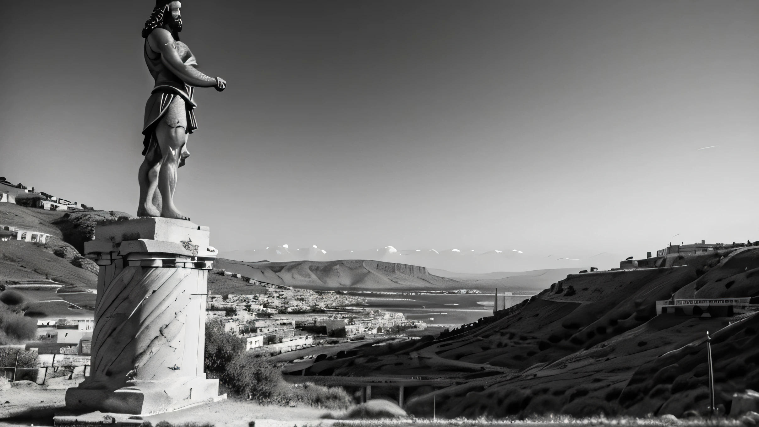 A dark landscape of the Ancient Greece in black and white with statue of a stereotypical muscular masculine greek man with beard, working out, side profile, marcus aurelius