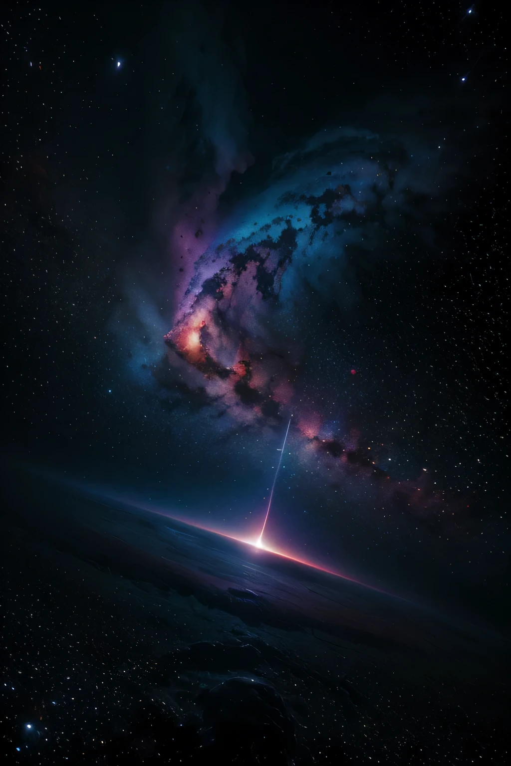 Create a visually stunning representation of the dark void of space transformed into a vibrant canvas, with celestial bodies and colorful nebulae