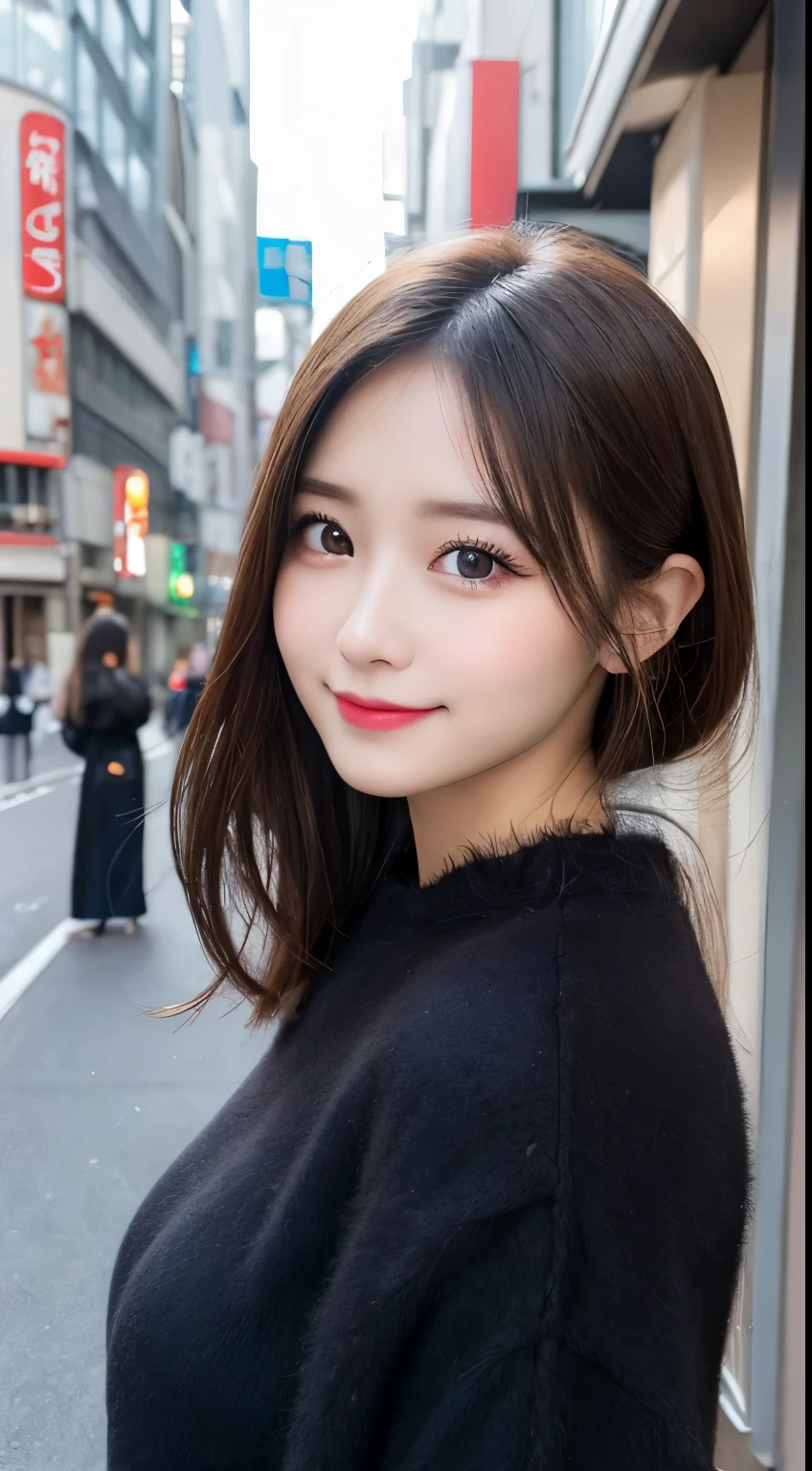 table top, highest quality, shape, Super detailed, finely, High resolution, 8k wallpaper, 完璧なダイナミックな構shape, beautiful and detailed eyes, Gorgeous and stylish black fluffy latest fashion Tokyo winter clothes,ランダムなcute髪,small breasts,natural color lip, bold sexy pose,smile、20 year old girl、cute、sexy shot looking at camera,Always blur the background,perfect and beautiful face,Take only the face,beautiful and detailed face、slim face and style,Big eyes、Do gal makeup
