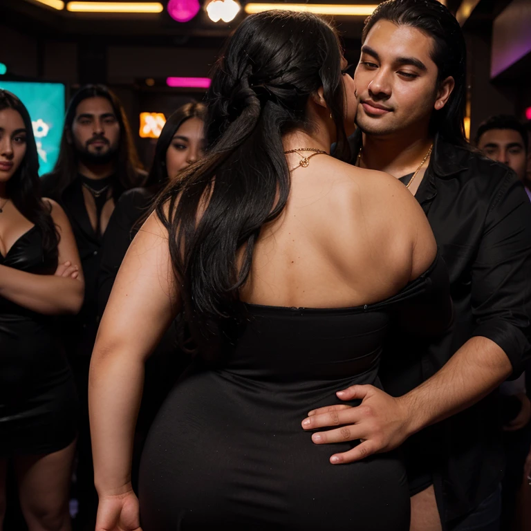 Chubby fat bbw nerdy latina young woman (20 years old), chubby belly, long straight black hair, wearing sexy black dress, Golden necklace,man hugging from behind, romantic kissing, passion Kiss,with several tall men, 4 men, in nigth  club, discoteque, dark lights, smiley expression,view from behind