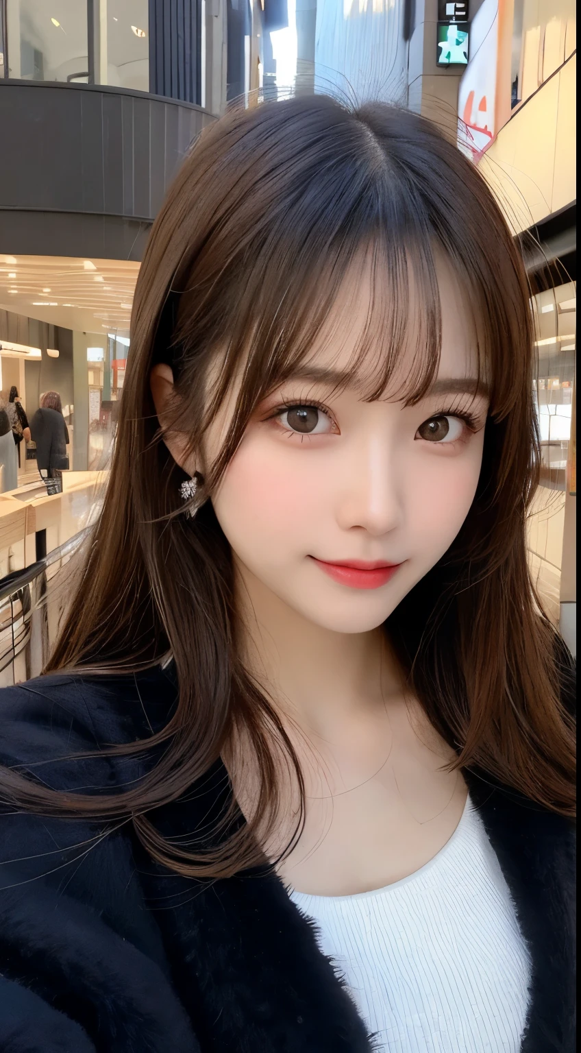 table top, highest quality, shape, Super detailed, finely, High resolution, 8k wallpaper, 完璧なダイナミックな構shape, beautiful and detailed eyes, Gorgeous and stylish black fluffy latest Tokyo winter clothes,ランダムなcute髪,small breasts,natural color lip, bold sexy pose,smile、20 year old girl、cute、sexy shot looking at camera,Always blur the background,perfect and beautiful face,Take only the face,beautiful and detailed face、slim face and style,Big eyes、Do gal makeup