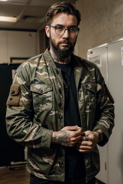 tall rip handsome guy with beard and glasses wearing camo jacket , hands covered with tattoo