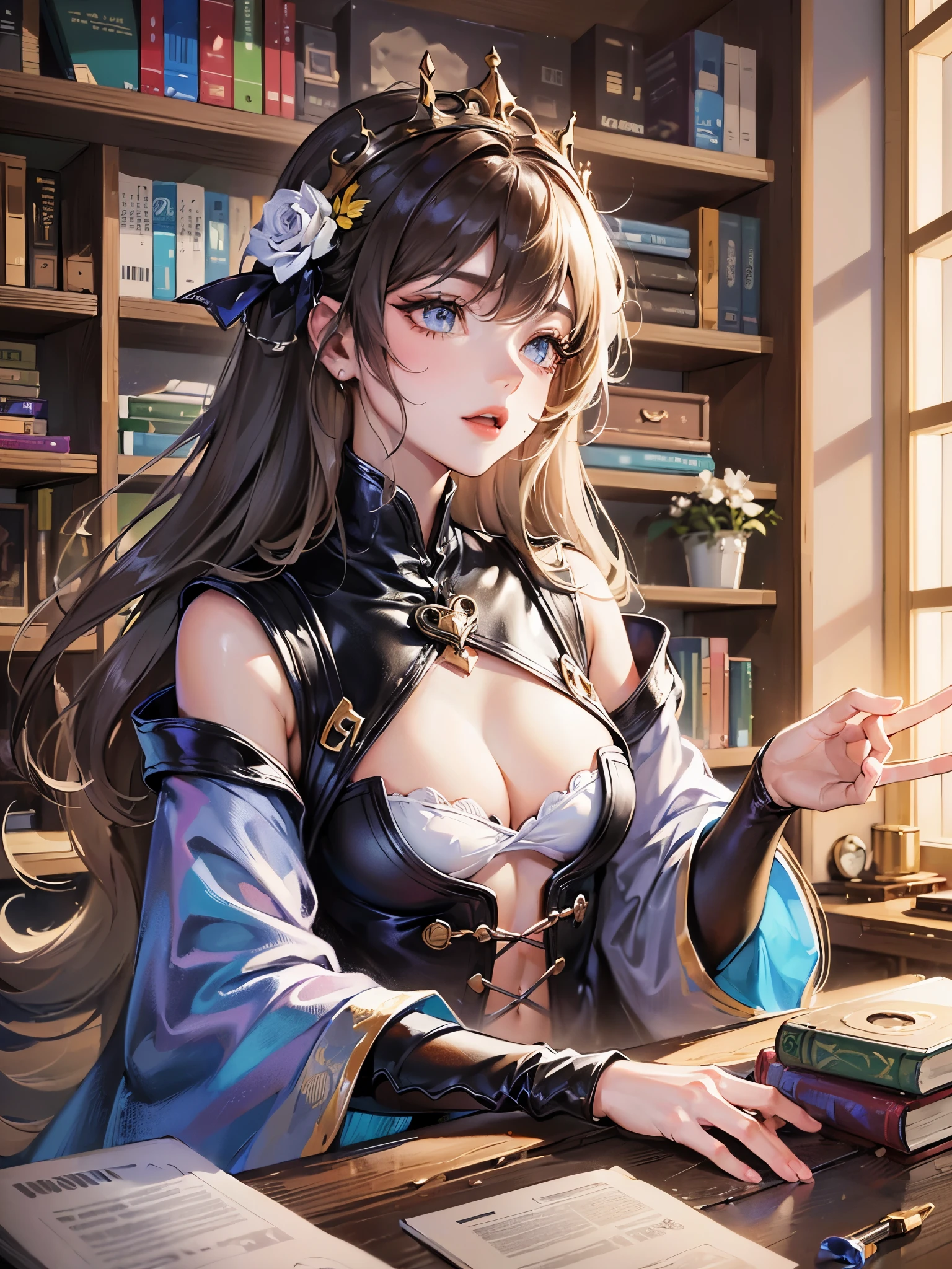 ((highest quality)),(ultra high resolution),(Super detailed),(detailed description),((best CG)),(best work of art),super precision art,great drawing art,(Fantasy art with precise details:1.5), (1 woman:1.6),alchemist:1.6,beautiful and well-shaped face:1.6,Intricately detailed robe:1.7,displeased look:1.6,shiny skin:1.6,messy hair:1.6, Books stacked messy on the desk:1.5,A shelf containing experimental tools:1.6