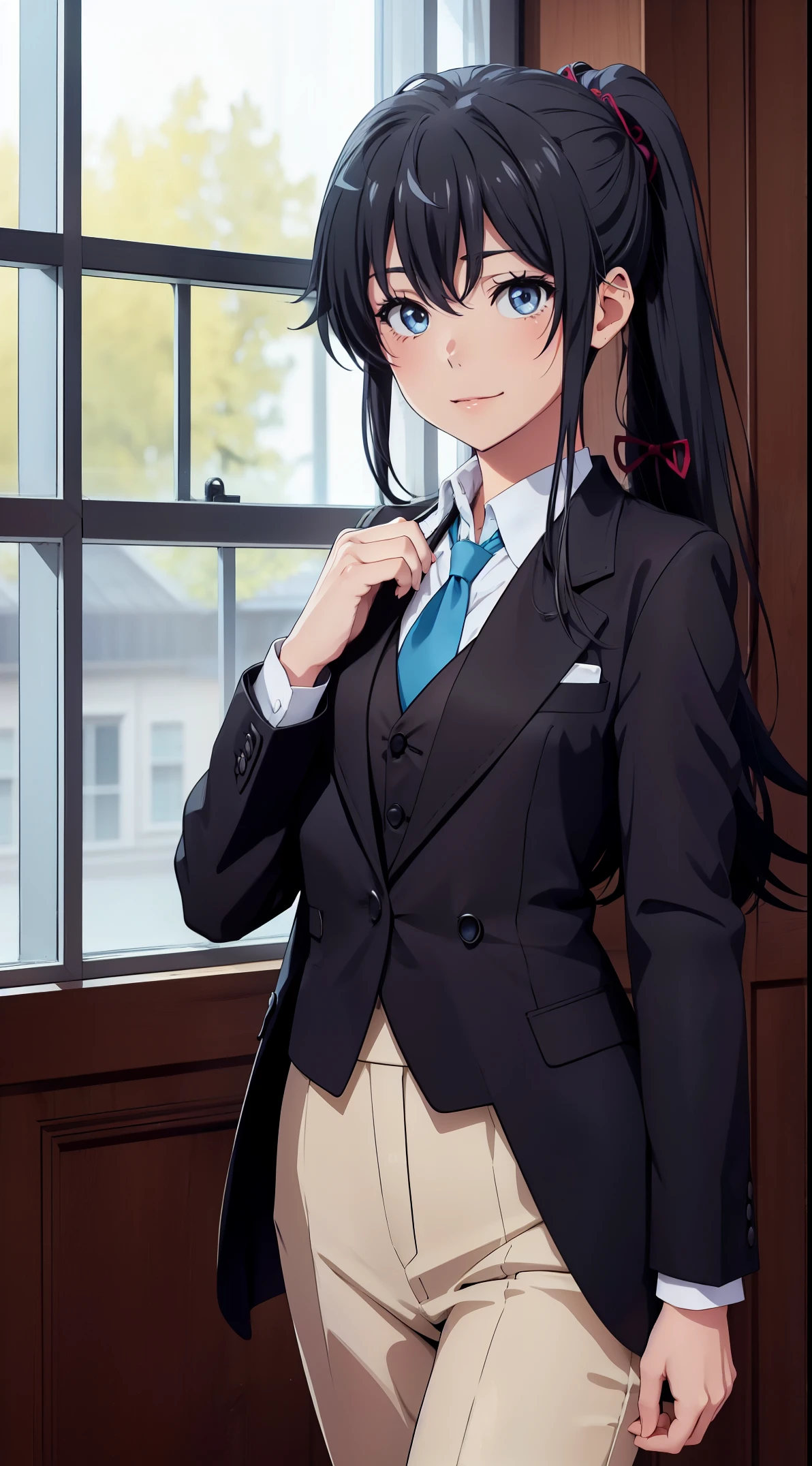 haruno4321((best quality)), ((masterpiece)), (detailed) 1girl 1girl, ;\), blurry, blurry_background, breasts, , hair_ponytail ribbon, looking_at_viewer, ok_sign, one_eye_closed, open_hand, Yukinoshita Yukino ,Woman wearing formal clothes, An attractive coat stands in a large gap in the room , 1girl, 独奏, blue necktie, Black hair, eyes blue, long hair, smile , collared shirt, white pants, white shirt , Elegantly designed coat , Stand in front of a window ,Perfectly tailored tailcoat. It has a stunning Victorian design and is made of lustrous fabric