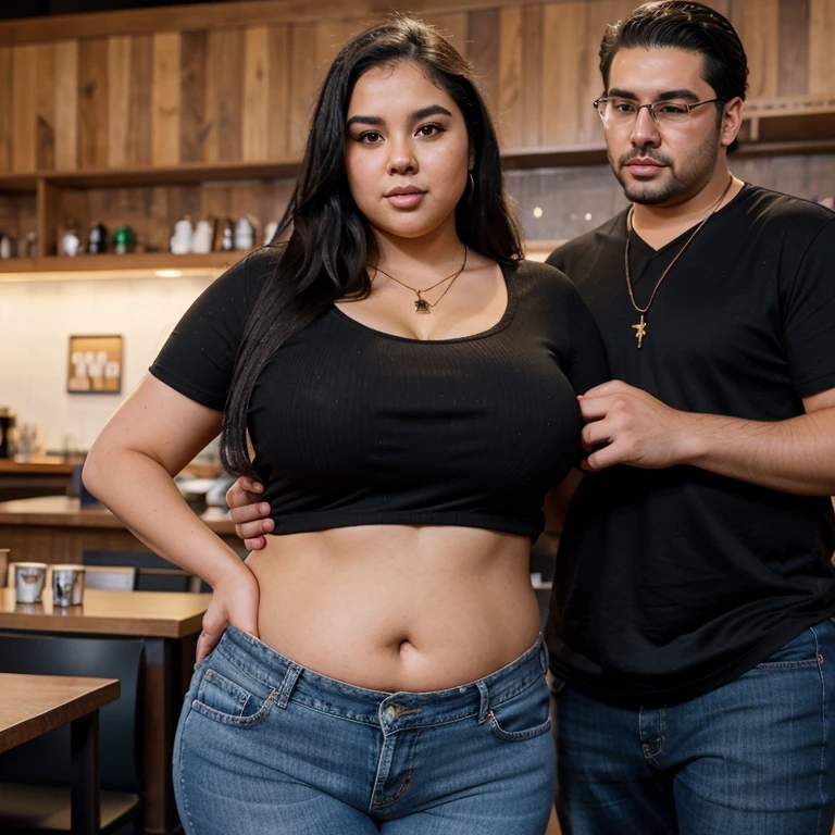 Chubby fat bbw nerdy latina young woman (20 years old), chubby belly, long straight black hair, wearing black shirt and blue jeans, Golden necklace,man hugging from behind, romantic kissing, passion Kiss,with several tall men, 4 men, in Starbucks