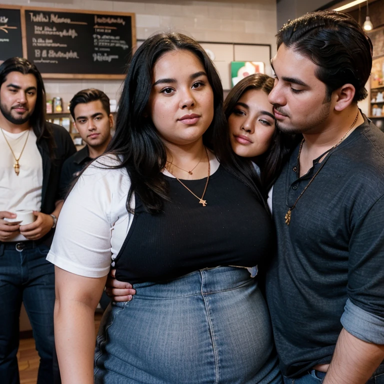 Chubby fat bbw nerdy latina young woman (20 years old), chubby belly, long straight black hair, wearing red shirt and blue jeans, Golden necklace,man hugging from behind, romantic kissing, passion Kiss, smiley expression,with several tall men, 4 men, in university campus, full body picture, view from behind