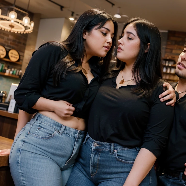 Chubby fat bbw nerdy latina young woman (20 years old), chubby belly, long straight black hair, wearing black shirt and blue jeans, Golden necklace,man hugging from behind, romantic kissing, passion Kiss,with several tall men, 4 men, in Starbucks
