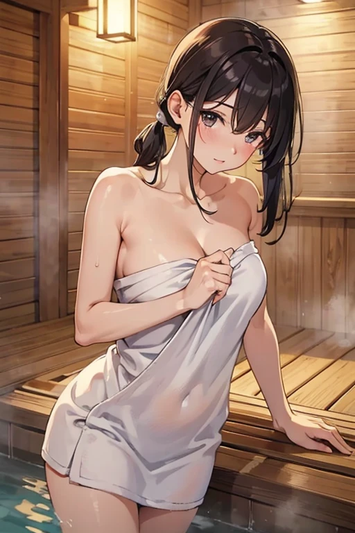 masterpiece、highest quality、sauna、beautiful mature woman、Hide your body with a bath towel