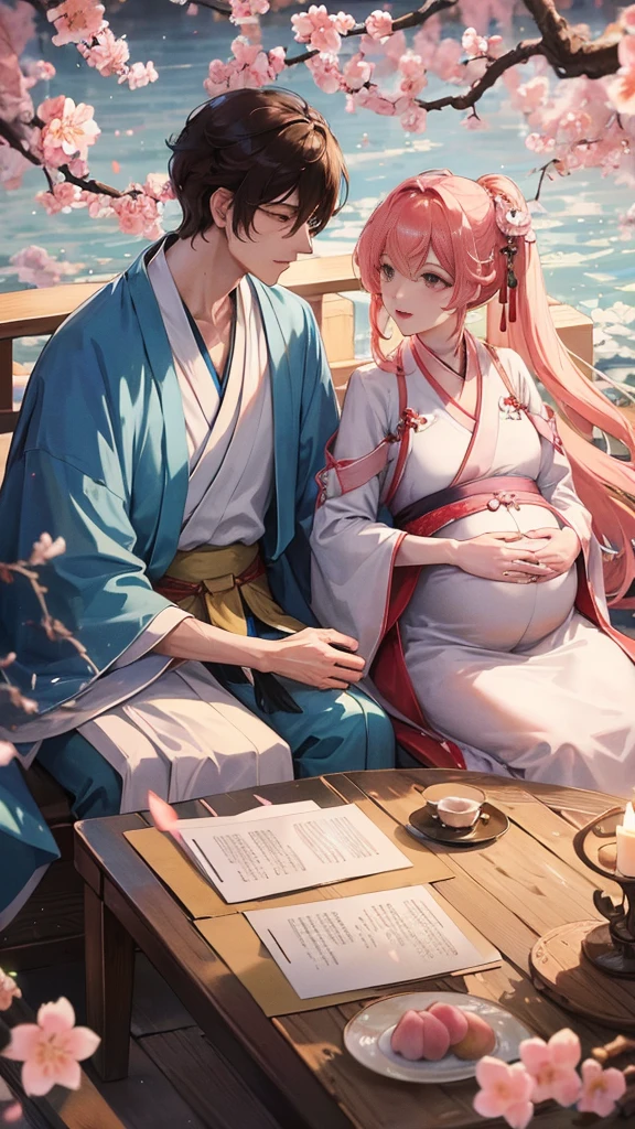 masterpiece，best quality，Side lights for couples，lens flare glow，Ray tracing，sharp focus，Wearing Hanfu，A beautiful man talking to his pregnant wife，Under the peach blossom tree