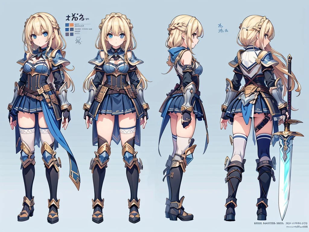 ((Masterpiece, highest quality)), detailed face, character sheet, High quality,Best quality,Ultra-detailed,high resolution,full of details, multiple poses and expressions, highly detailed, many parts,((three sided view, front view, side view, back view, full body,simple background, multiple views,highres)), concept art, character concept art, Full body,1girl, long hair, breasts, blue eyes, skirt, blonde hair, thighhighs, gloves, cleavage, weapon, ass, braid, boots, sword, fingerless gloves, armor