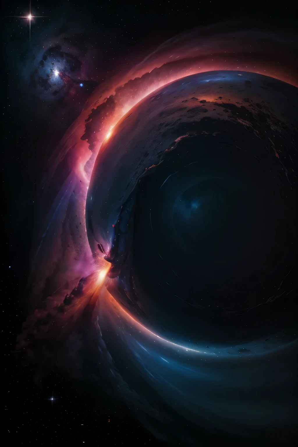 Create a visually stunning representation of the dark void of space transformed into a vibrant canvas, with celestial bodies and colorful nebulae