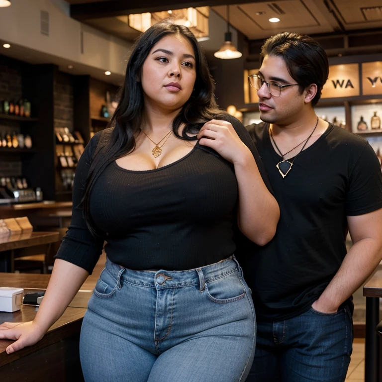Chubby fat bbw nerdy latina young woman (20 years old), chubby belly, long straight black hair, wearing black shirt and blue jeans, Golden necklace,man hugging anda kissing, romantic kissing, passion Kiss,with several tall men, 4 men, in Starbucks, romantic expression,view from behind