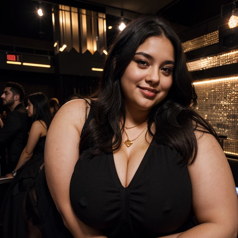 Chubby fat bbw nerdy latina young woman (20 years old), chubby belly, long straight black hair, wearing sexy black dress, Golden necklace,man hugging from behind, romantic kissing, passion Kiss,with several tall men, 4 men, in nigth  club, discoteque, dark lights, smiley expression