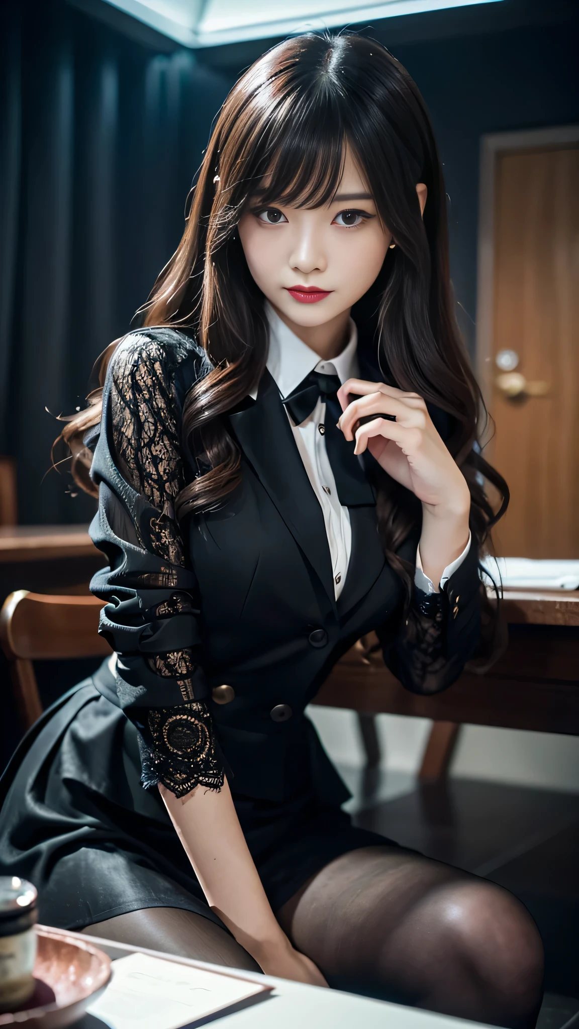 Super detailed、Japanese、charming beauty、Dainty woman、sharp eyes、cool girl、wavy hair、suit、Jacket、blouse、Tight Skirt、black pantyhose、evil female executive、evil depravity、brainwashing、Mind control、lacy fabric、Shiny legs、lipstick、have lip gloss、grin、邪evilなな表情、evil、empty eyes、邪evilな、reach out your hand、in the darkroom、lure、meanwhile、evil hypnotizing scene, 2 girls, girl being hypnotized.