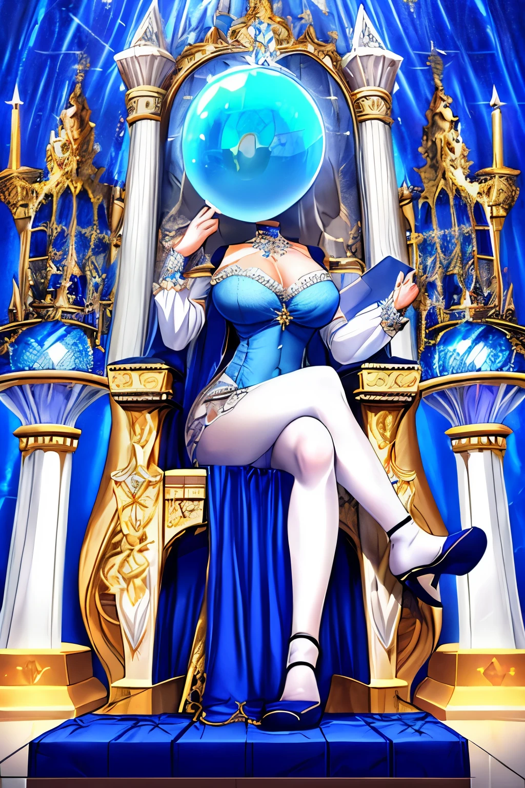 Highly detailed, High Quality, Masterpiece, beautiful, DisembodiedHead, 1girl, solo, headless, princess, cleavage, indigo one piece dress, mini skirt, white pantyhose, indigo high heel, sitting, crystal ball, throne, throne room, castle, fantasy,