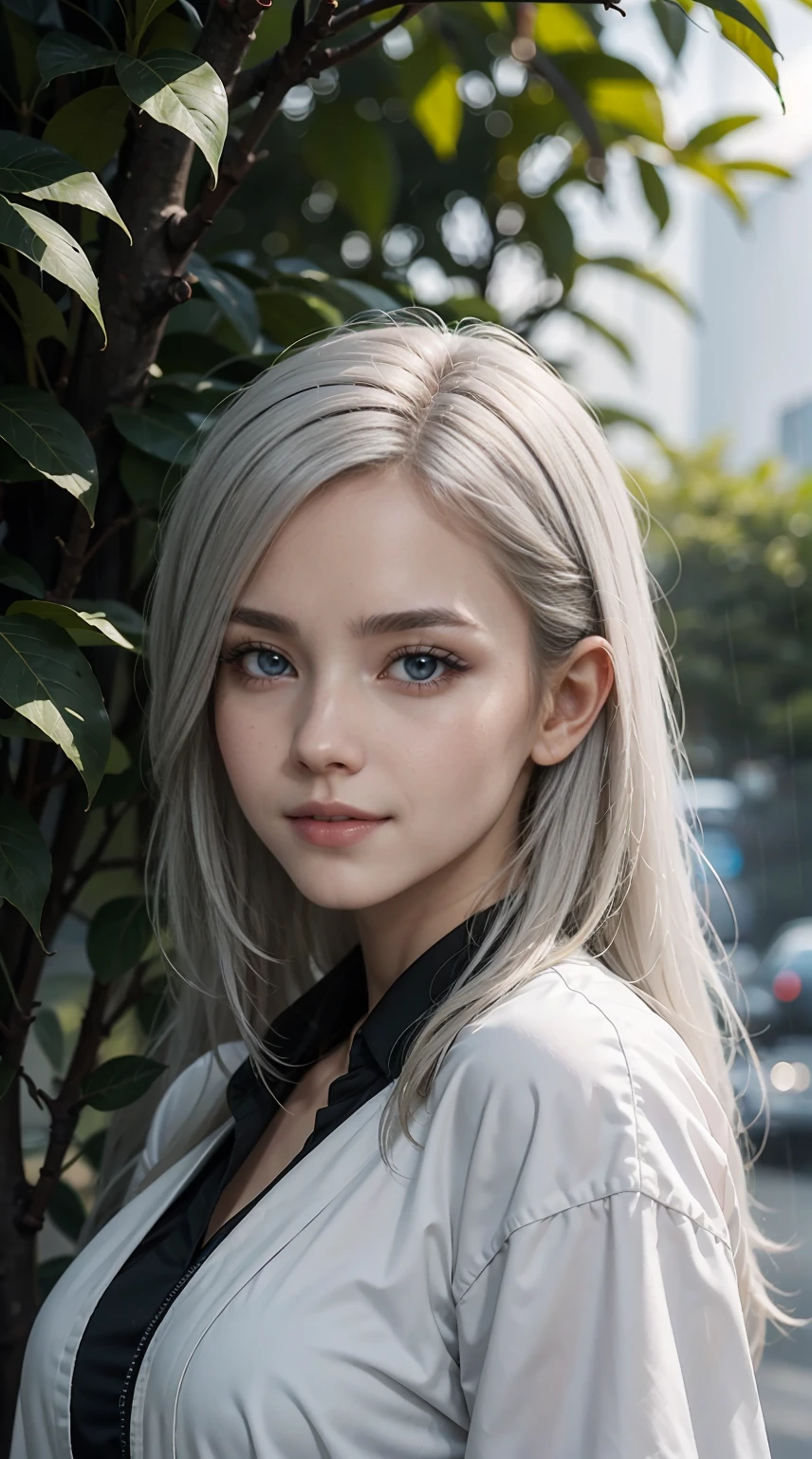masterpiece, highest quality, night, outdoor, rainy days, branch angle, Chinese style, ancient China, 1 female, mature woman, Woman with long silvery-white hair, gray blue eyes, pale pink lips, cold, Severe, weak, bangs, assassins, Short Knife, white clothes, Black clothing pattern, Blood stains, Blood, injury, Blood on the face, Blood on the clothes, rain, detailed face, detailed face,smile