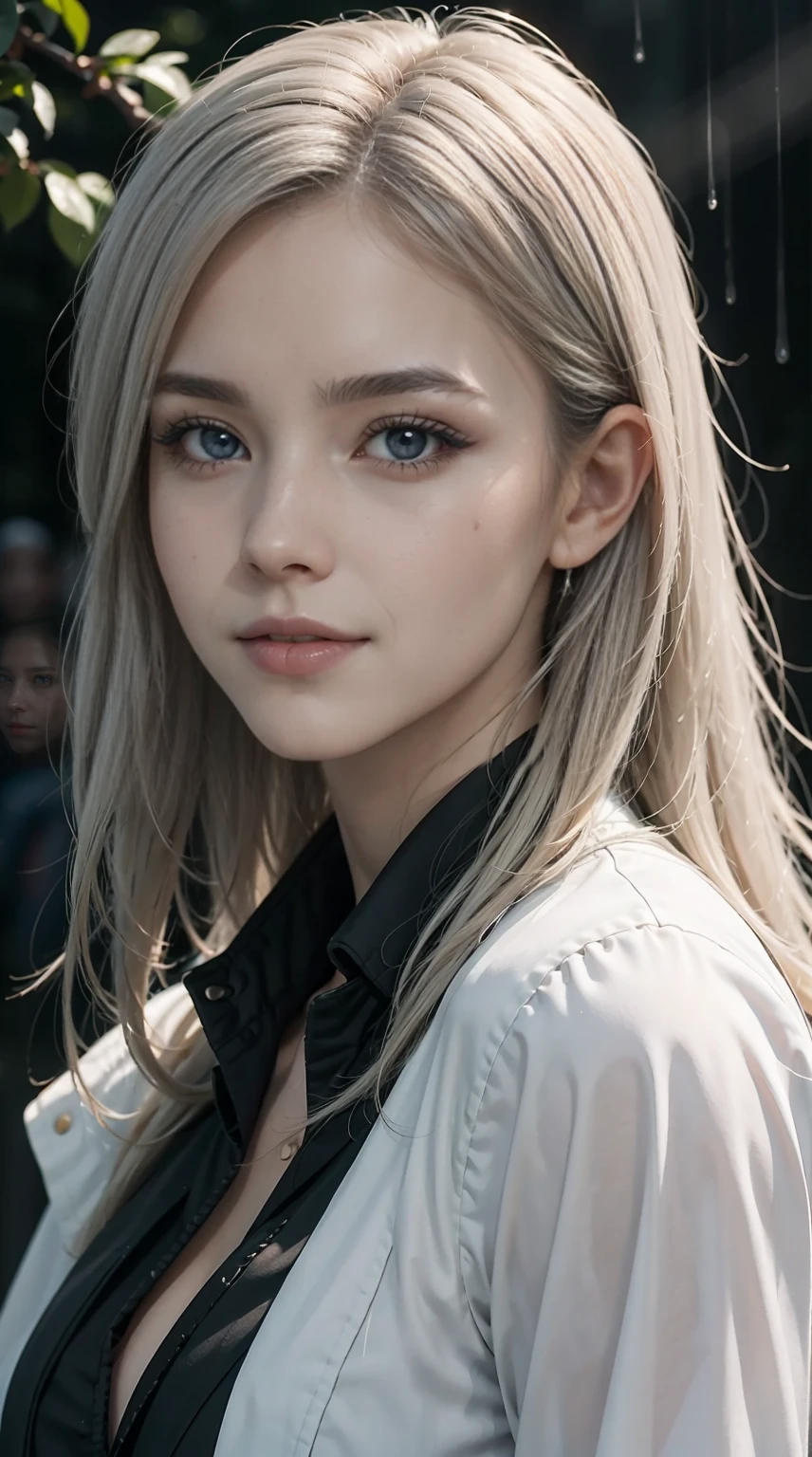 masterpiece, highest quality, night, outdoor, rainy days, branch angle, Chinese style, ancient China, 1 female, mature woman, Woman with long silvery-white hair, gray blue eyes, pale pink lips, cold, Severe, weak, bangs, assassins, Short Knife, white clothes, Black clothing pattern, Blood stains, Blood, injury, Blood on the face, Blood on the clothes, rain, detailed face, detailed face,smile