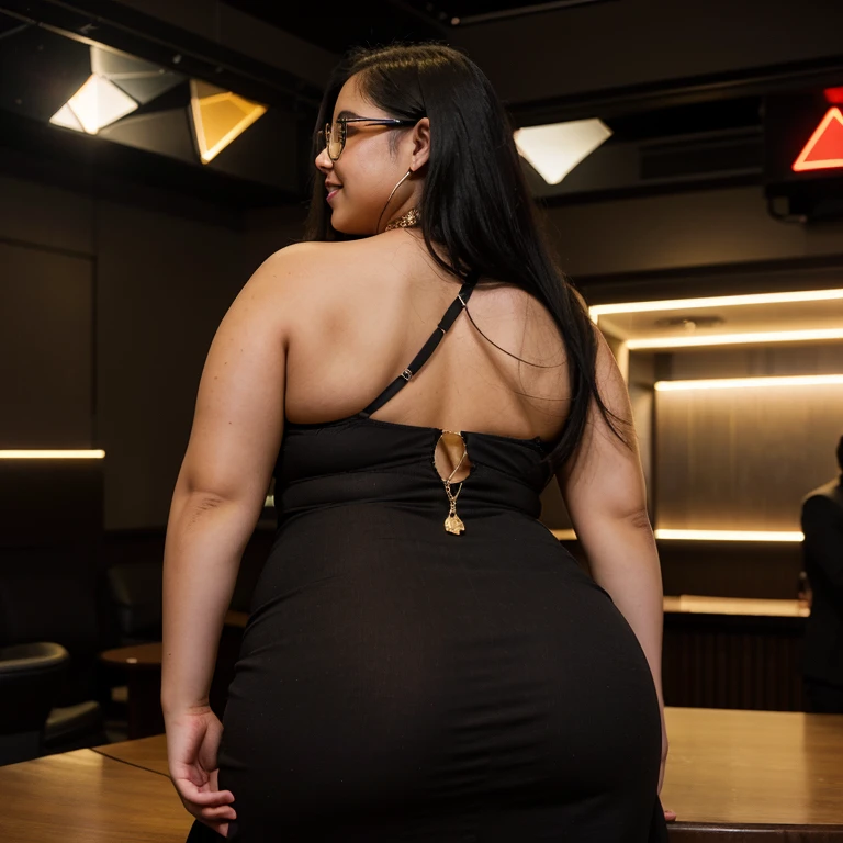 Chubby fat bbw nerdy latina young woman (20 years old), chubby belly, long straight black hair, wearing sexy black dress, Golden necklace,man hugging from behind, romantic kissing, passion Kiss,with several tall men, 4 men, in nigth  club, discoteque, dark lights, smiley expression,view from behind