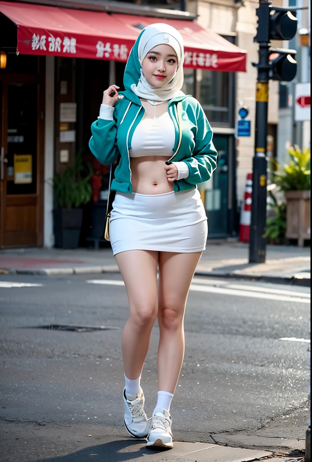 ((best quality)), ((masterpiece)), (detailed), perfect face, wanita dewasa, memakai sebuah hijab dan green sneakers, chubby, full body shoot, huge breasts, large breast , wearing a hoodie and mini skirt, big thighs, milky white skin, asian girl, thicc, MILF, bbc, perfect belly, cute cheeks 