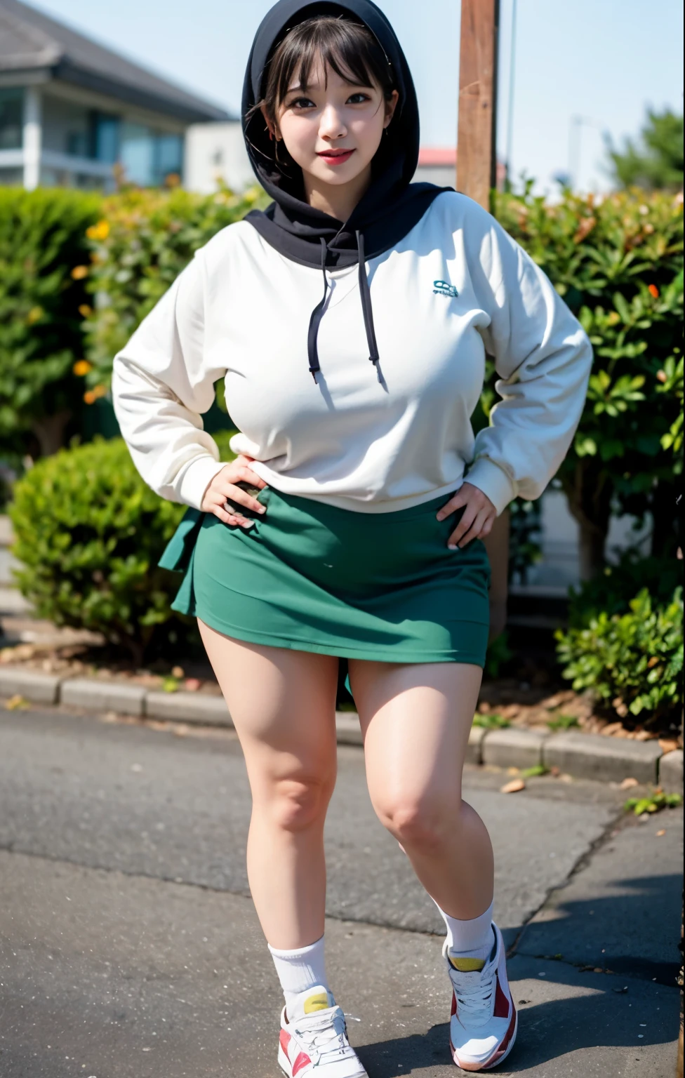 ((best quality)), ((masterpiece)), (detailed), perfect face, wanita dewasa, memakai sebuah hijab dan green sneakers, chubby, full body shoot, huge breasts, large breast , wearing a hoodie and mini skirt, big thighs, milky white skin, asian girl, thicc, MILF, bbc, perfect belly, cute cheeks