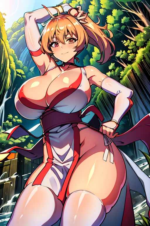 best quality, high resolution, best quality, high resolution, (huge breasts:1.2), leaning forward, sky, from below, 1 woman,  Mii, big breasted, mature woman, grown up, white tunic, pelvic curtain, pink obi, cleavage, bridal gauntlets, elbow gloves, red choker, dancing seductively, smiling joyfully, looking at viewer, jungle environment 