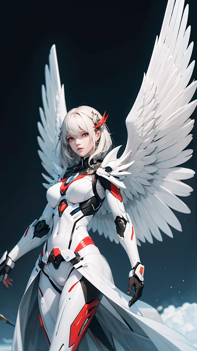 Digital Painting, Digital Illustration, Floating in the air、Fly through the sky with open metal wings、Landscape above the sky、Extreme Detail, Digital Art, 4K, Ultra Full 、Ulutra HD,analyzer、Supporting Female Robots、Cute smiling girl、Excellent brains、tiny chest、Slender figure、Red and white metal body、