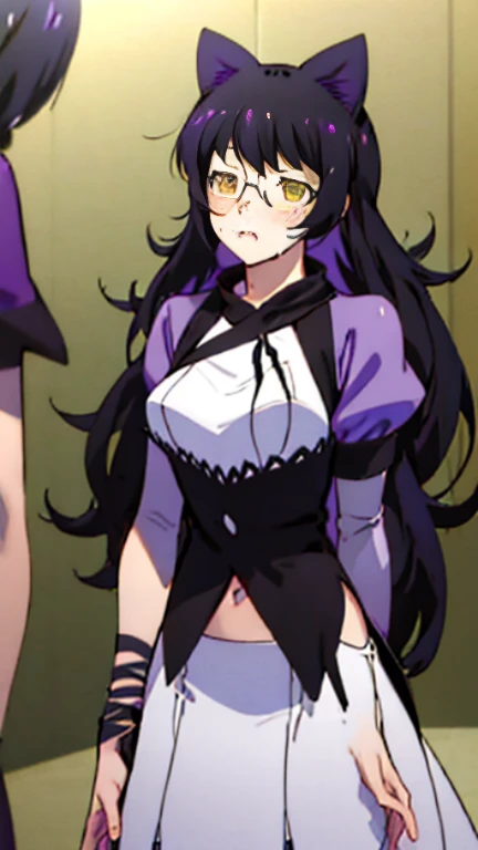 Hanekawa Tsubasa is dressed as RWBY&#39;s Blake、、glasses、black hairの、big breasts、 (black hair, brown eyes, round face), big breasts, With ribbon, [full body shot]、wearing a black dog collar,full body shot、Glasses、head to toe shot、Compete for big breasts in the bright sunlight、compressed the chest with a rope.、woman in chains、((masterpiece)), ((highest quality)), (Super detailed), ((cute)), cute, (Lovely), ((very detailed)), 4K, (8K), highest quality, (beautiful), anime style、pink nipples、