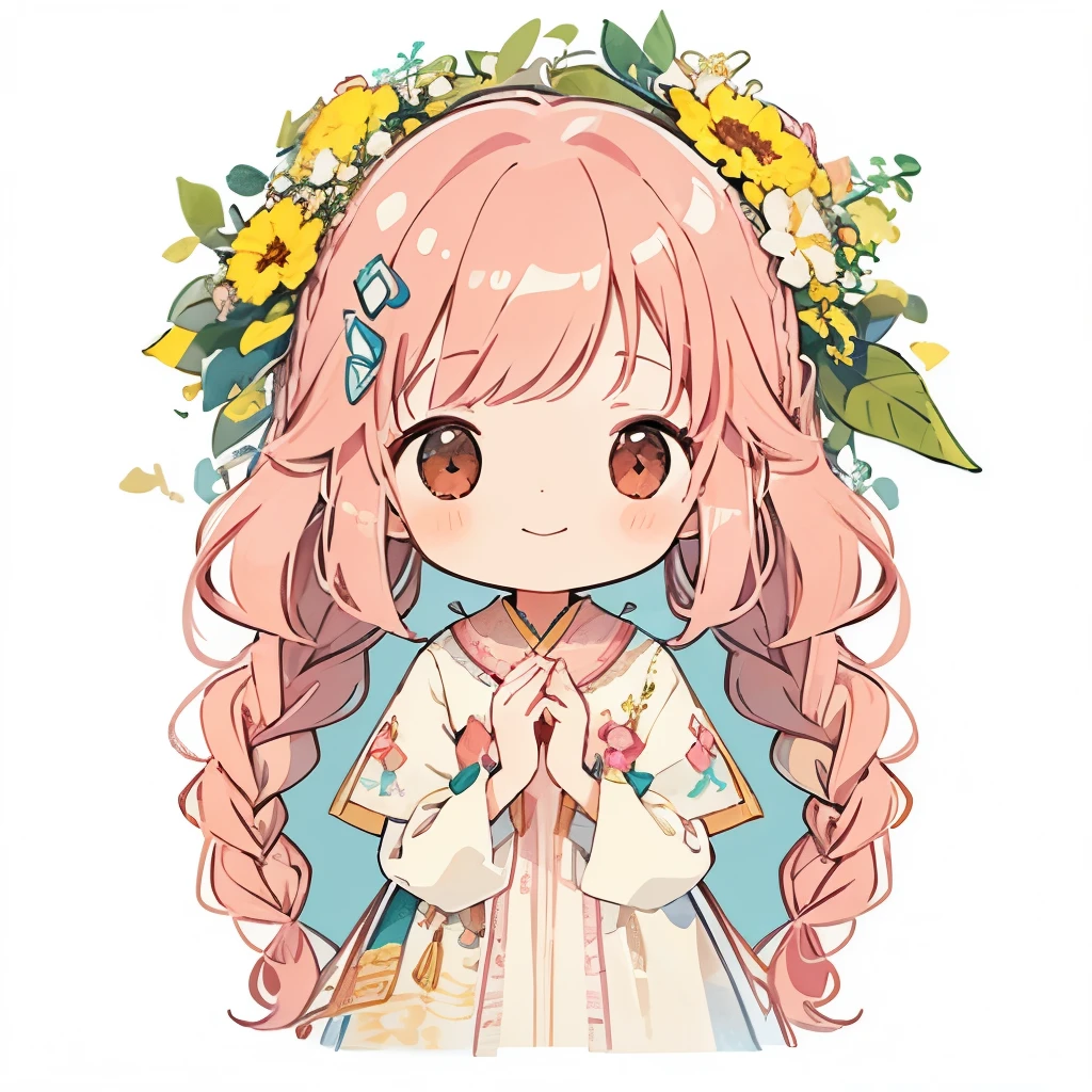 transparent watercolor、girl、Jewel Eyes、Beautiful arrangements and motifs、Depth of bounds written、flat avatar, 1girl, Smile, light pink hair((left and right braids、wavy hair)), 髪の毛にfoliages、yellow object、hair with white tips, Fashionable Design Clothing((pink and white)),background white, Cute Girl、light pink theme、peach、peach hair ornament、foliages、Transparent dress、A fluffy dress、Transparent feather robe、Pink transparent、Sparkling peach、beautiful girl、smile gently、Transparent cloth、exposed、Springiness、Yellow and green、cheerful girl、Banzai