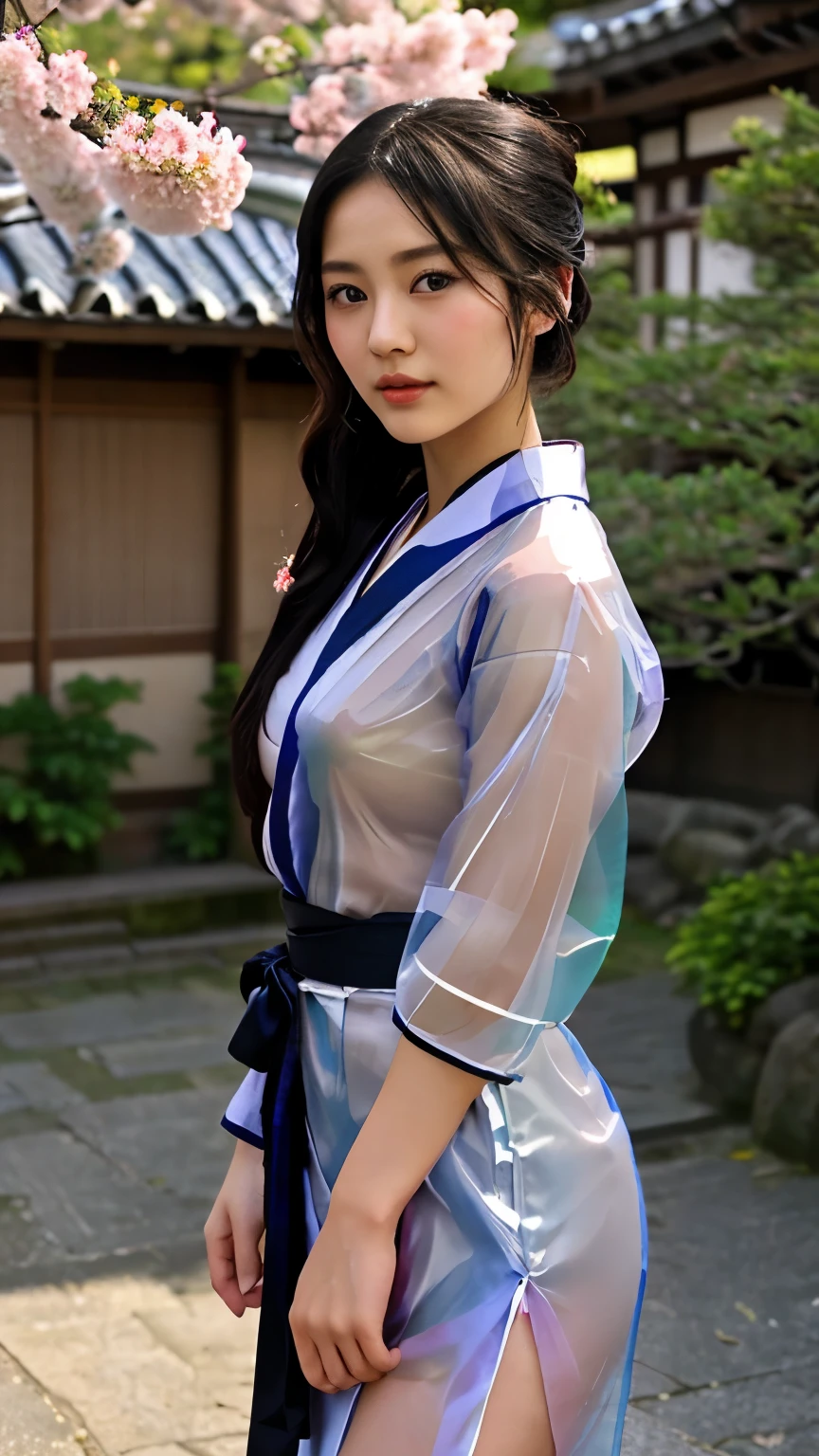 最high quality、high quality、best image quality、8K、最High resolution、High resolution、最high quality、masterpiece、realistic pictures、RAW photo、realistic atmosphere、(detailed face)、(fine hands、thumb1reference4)、(beauty of japan )、very nice face、cute face、((beautiful japanese girl))、(woman), ((18 year old beautiful girl))、(glossy black hair)、(straight long hair)、(ponytail)、whole body、slim style、(shiny skin)、(Fair skin, Glossy skin)、real human skin、realistic human body structure、perfect body, perfect face, perfect hands, perfect fingers, perfect lips, perfect eyes,perfect teeth、perfect background, perfect atmosphere,soft natural light、samurai kimono、maiko kimono、servant、geisha kimono、japanese kimono、Furisode、kimono、Yukata、japanese traditional、Samurai Residence、Japanese garden、((colorful transparent see-through(flowery kimono、Hakama with side slits))、((Under the cherry tree in full bloom(Poses that make your thighs look sexy))