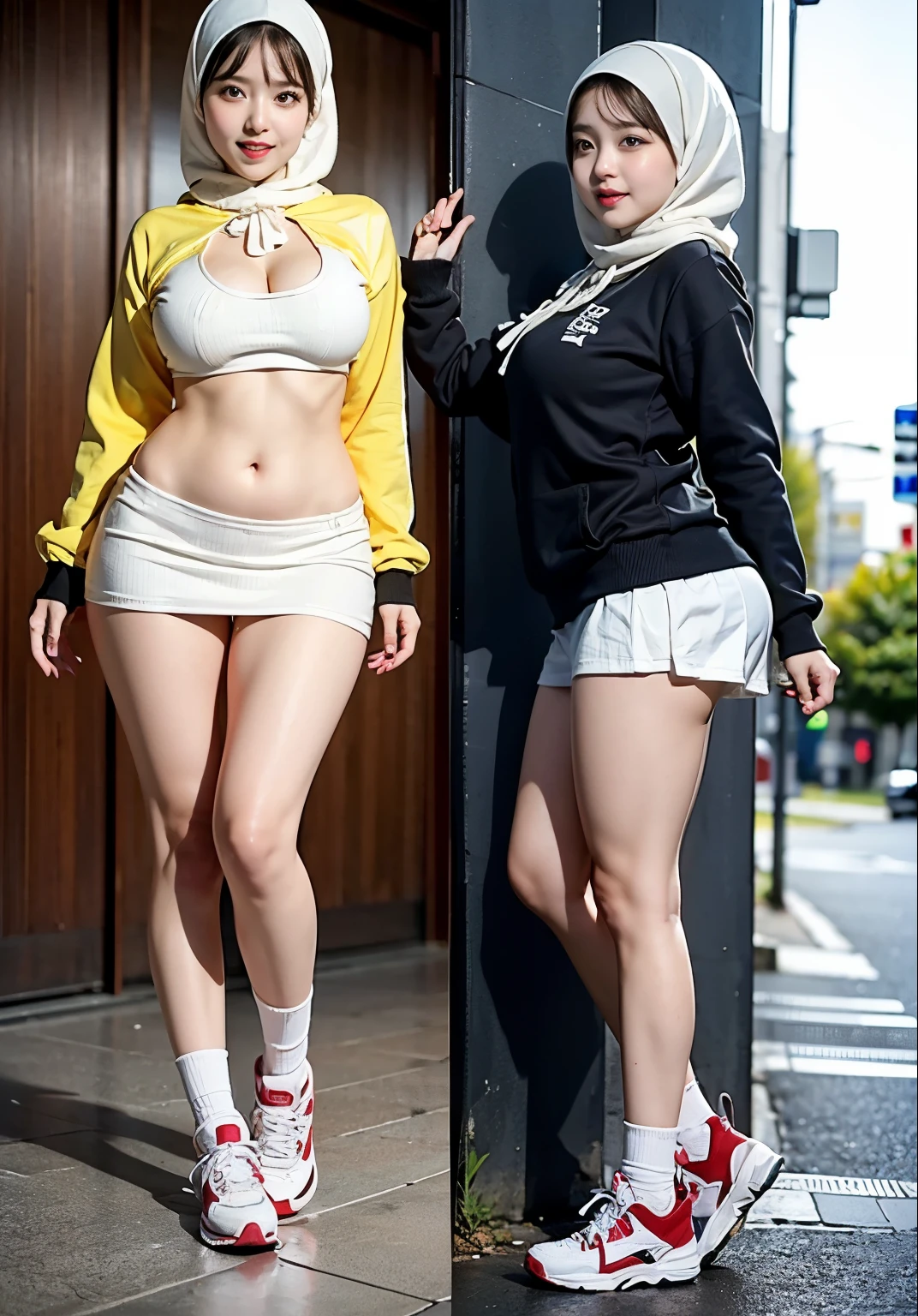((best quality)), ((masterpiece)), (detailed), perfect face, wanita dewasa, memakai sebuah hijab dan sneakers, chubby, full body shoot, huge breasts, large breast , wearing a hoodie and mini skirt, big thighs, milky white skin, asian girl, thicc, MILF, bbc, perfect belly, cute cheeks
