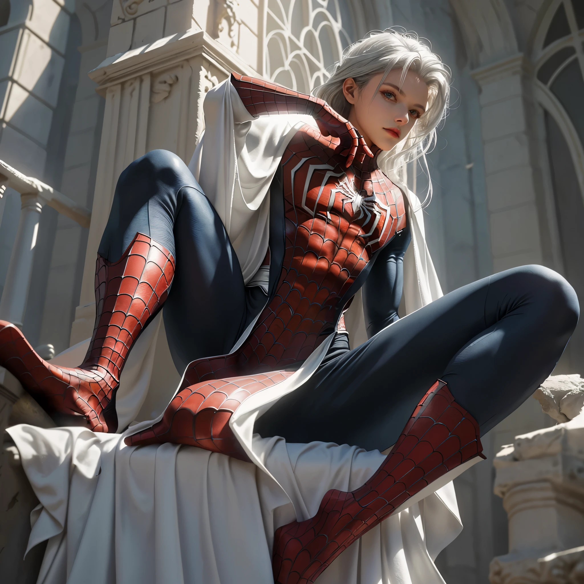 (Extreme Detail CG Unity 8K wallpaper, masterpiece, highest quality), (Exquisite lighting and shadow, highly dramatic picture, Cinematic lens effect), a beautiful girl in a white Spider-Man costume, white lingerie, silver gray hair color, long hair, from the Spider-Man parallel universe, Wenger, Marvel, Spider-Man, on the ancient tower, very beautiful face, dynamic pose), (excellent detail, excellent lighting, wide angle), (excellent rendego on ancient tower, enough to stand out in its clasocus on white Spider-Man costumes, complex spider textures
